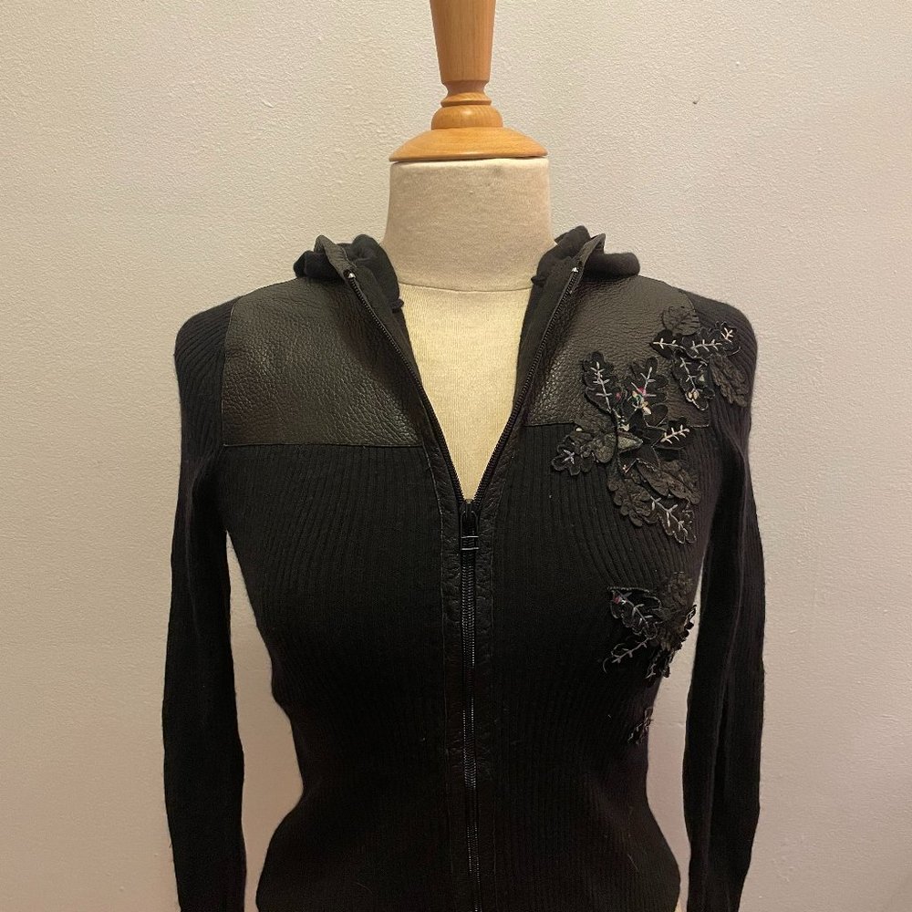 Original easel NYC contemporary brand black zip up hoodie with  leather applique